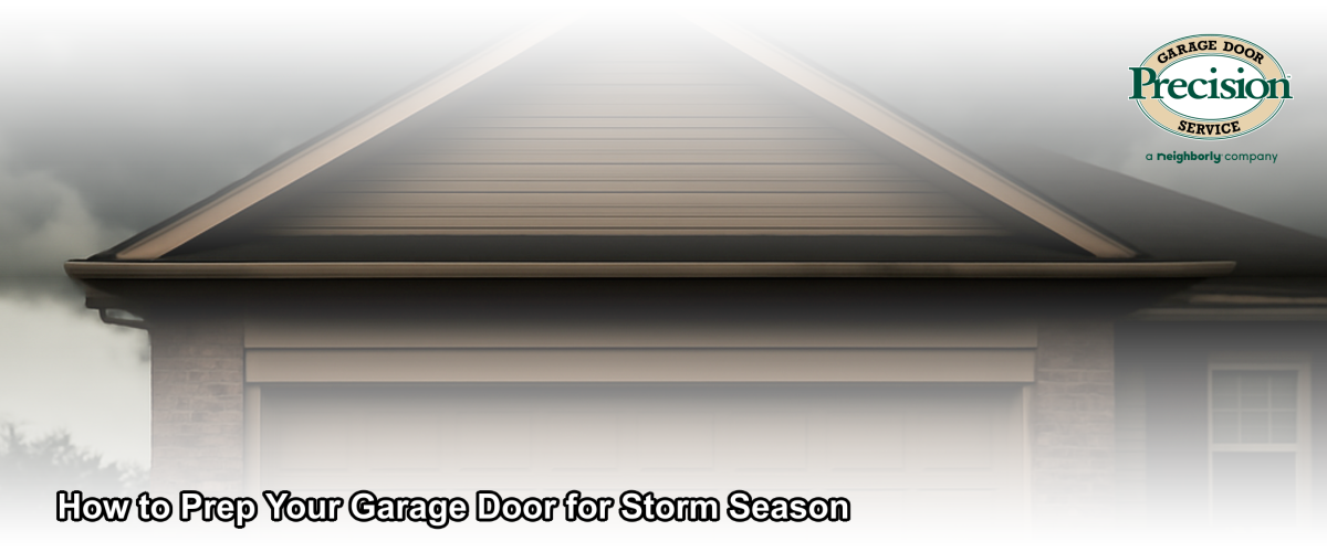 A residential garage door on a Central Jersey home with dark storm clouds gathering overhead