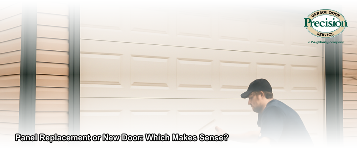 A residential garage door with one damaged panel being assessed by a technician in Brick, NJ