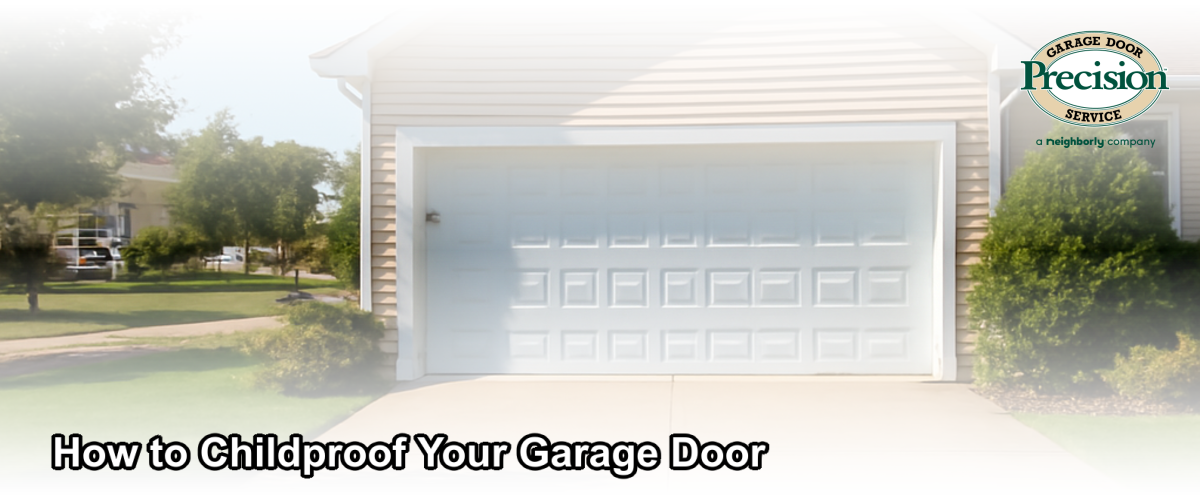 Child standing near a closed residential garage door in a suburban New Jersey neighborhood, illustrating the importance of garage door childproofing
