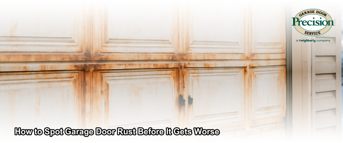 Close-up of rust and corrosion forming on a garage door panel and hardware in a New Jersey coastal home setting
