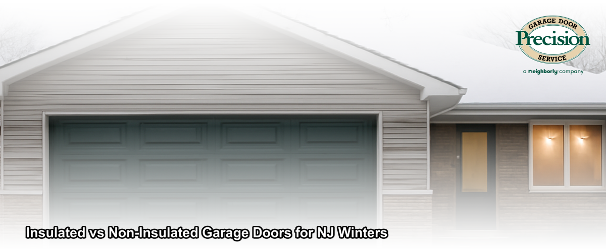 A newly installed insulated garage door on a New Jersey home during winter, with frost on the lawn and warm interior lighting visible through a side window.