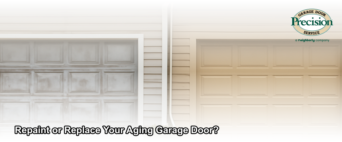 A side-by-side comparison of a faded aging garage door and a freshly installed new garage door on a New Jersey home