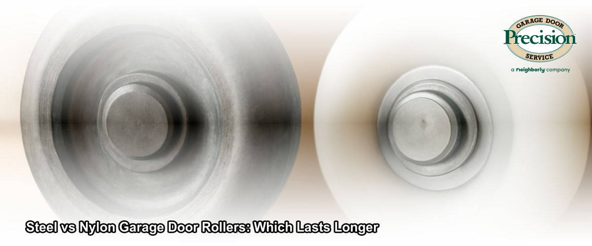 Close-up of steel and nylon garage door rollers side by side on a residential garage door track in New Jersey