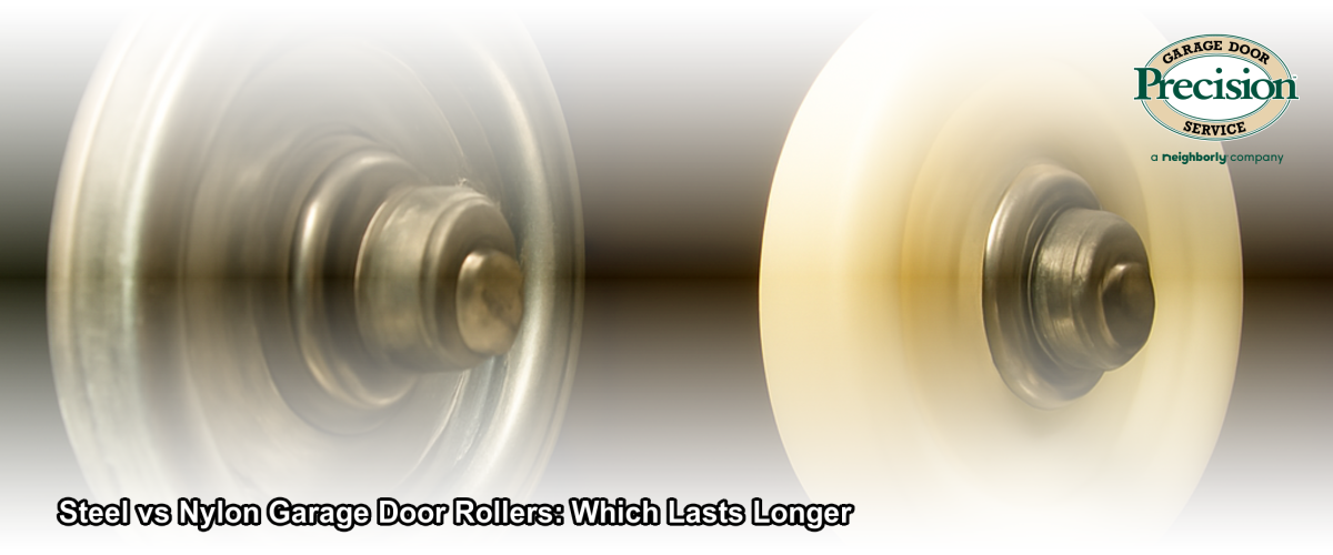 Close-up of steel and nylon garage door rollers side by side on a residential garage door track in New Jersey