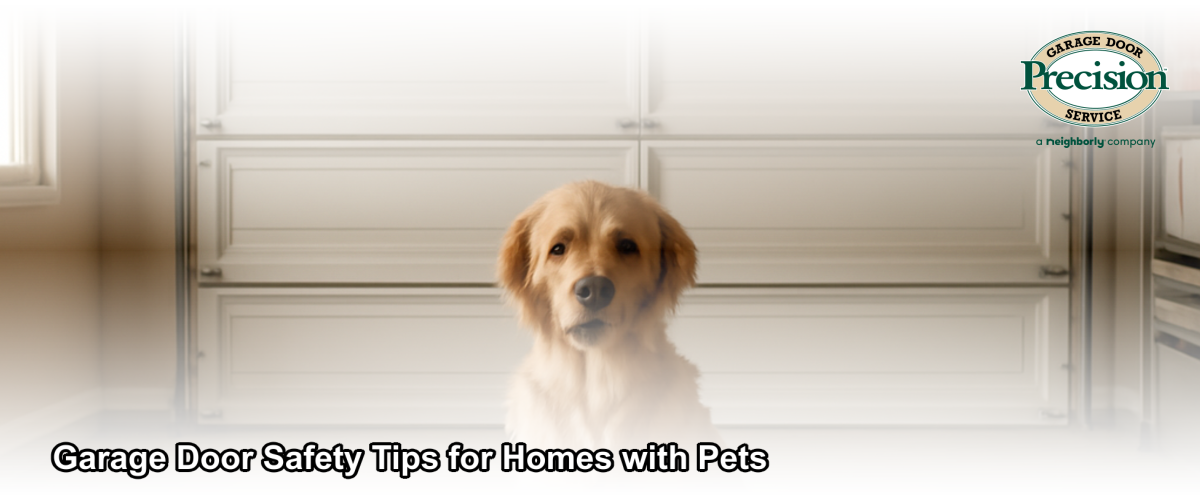 A dog sitting safely in a garage near a closed garage door in a New Jersey home