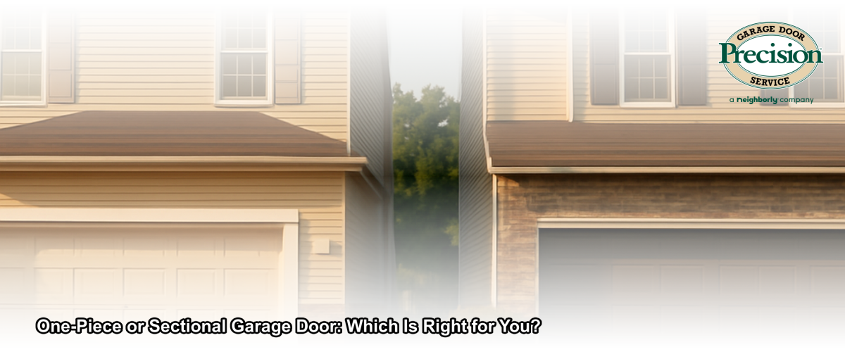 Side-by-side comparison of a one-piece tilt-up garage door and a sectional garage door on New Jersey homes
