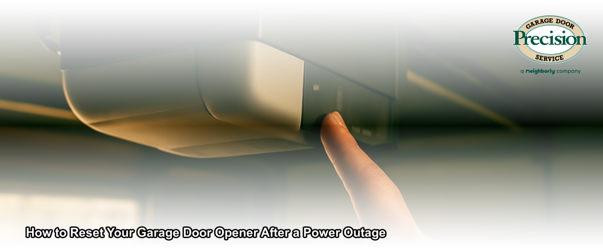 Homeowner pressing the reset button on a garage door opener control panel after a power outage in a New Jersey home