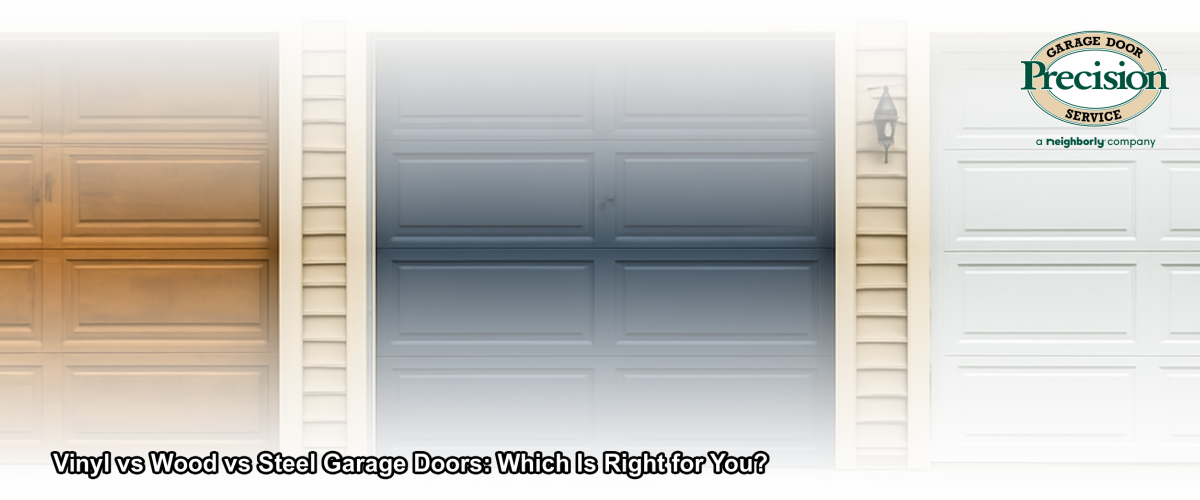 Side-by-side comparison of vinyl, wood, and steel garage doors on a suburban New Jersey home
